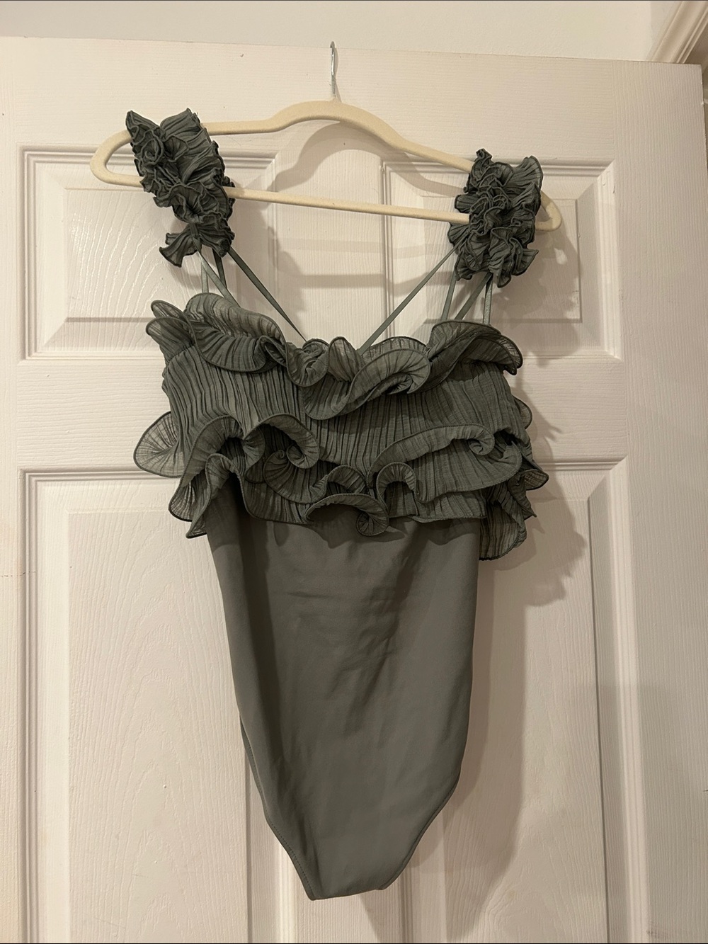 Anthropologie Sage Green Ruffled Sleeveless Bodysuit